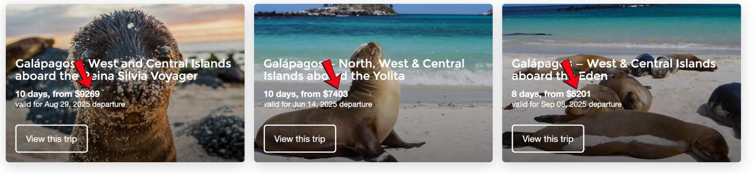 Etiquetas de precio promedio en cruceros por Galápagos