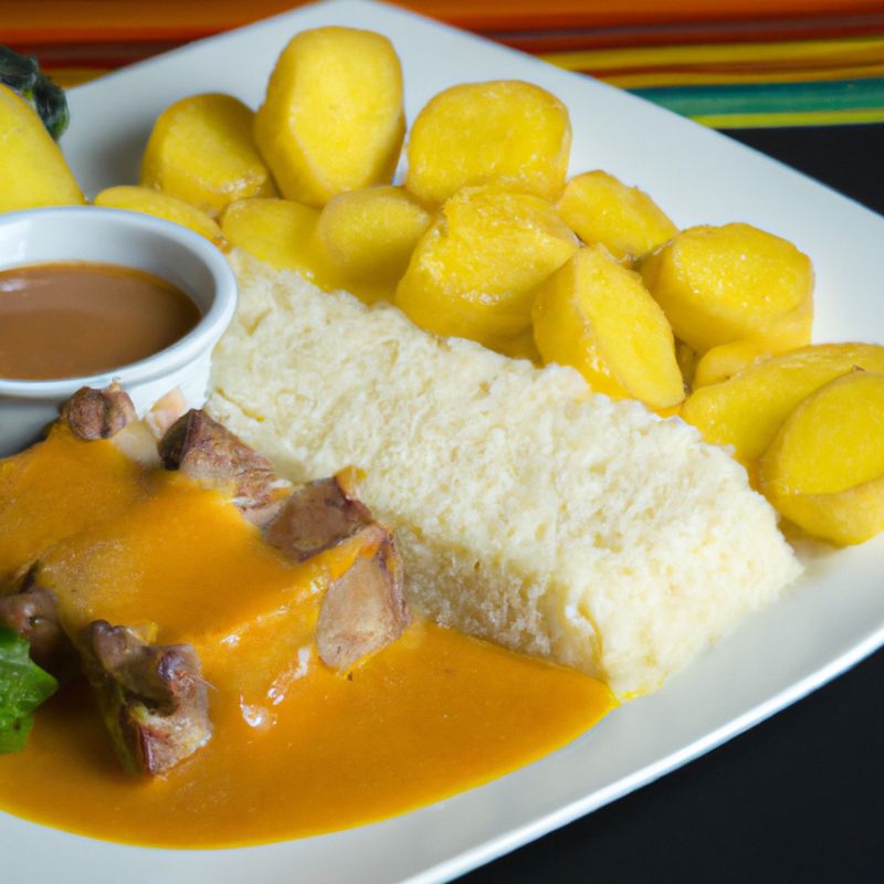 GUATITA plato ecuatoriano: panza de vaca servida en cortes cuadrados rociados con salsa de maní y con papas o arroz