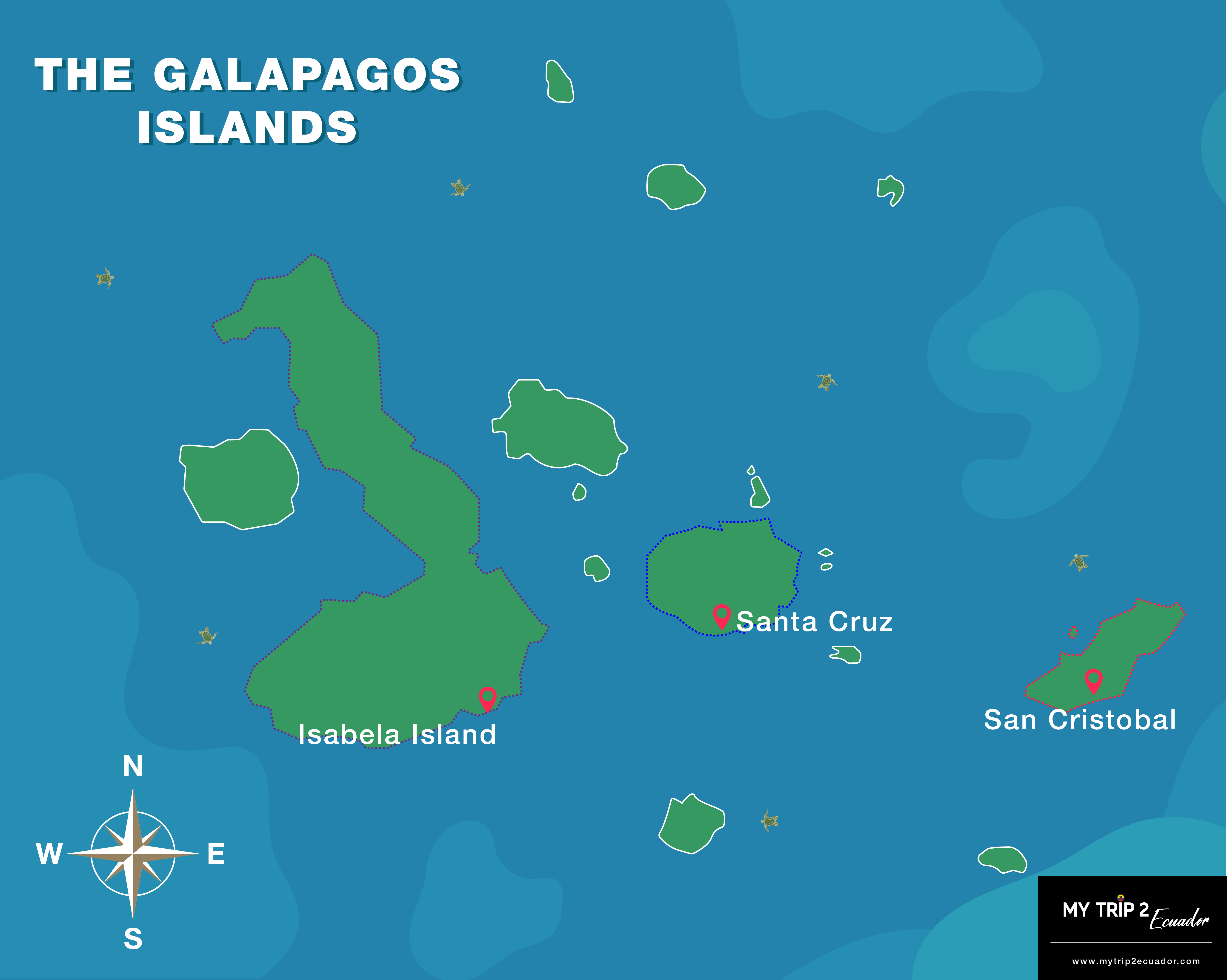 Karte von Galapagos mit drei markierten Inseln: San Cristobal, Santa Cruz und Isabela-Insel